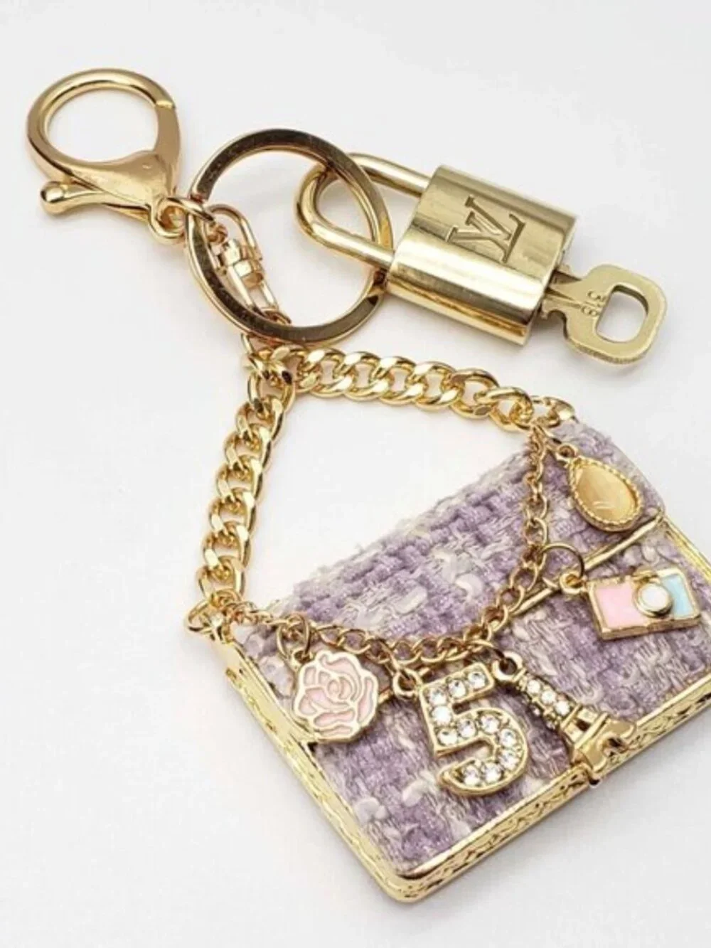 LV Gold Padlock 🔑 Authentic Louis Vuitton Charm + Unbranded Tweed Bag Keychain